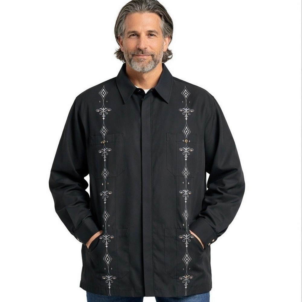Irvine Park Shirt Mens Large Black Embroidered Guayabera Zip Front Long Sleeve